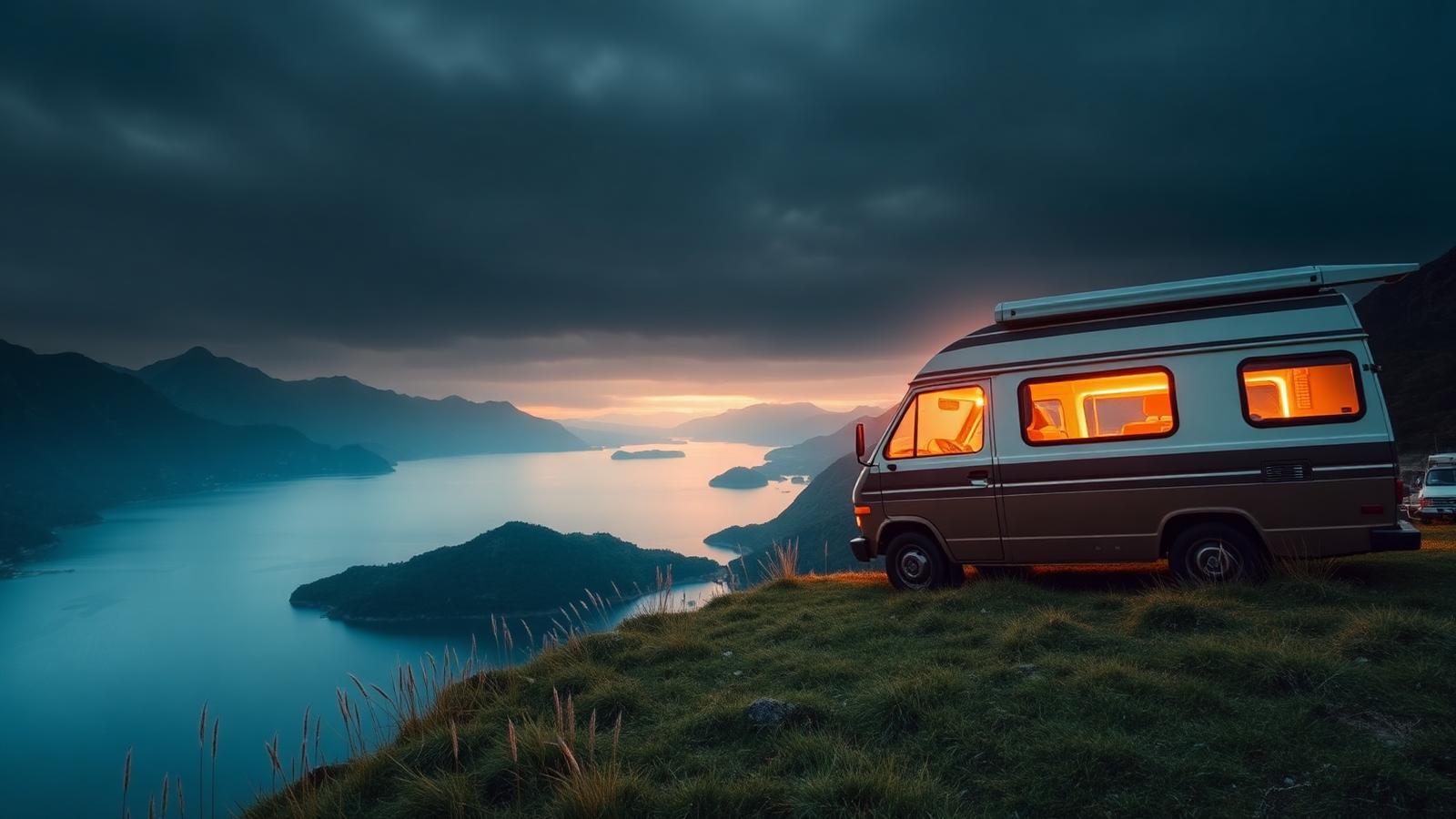 Camper op een rustige plek in de natuur bij zonsondergang
